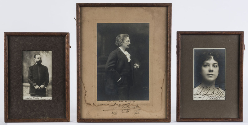 AUTOGRAPHED PHOTOGRAPHS: Jan Paderewski (dated 1914), John Philip Sousa (dated 1911) and Clara Butt (undated, but circa 1910) original signatures, all framed and glazed by Caldecutt of Chapel St., Prahran. From an old-time collection. (3).