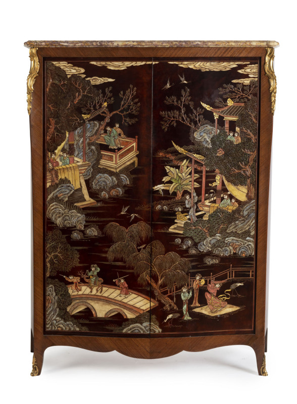 A French Chinoiserie lacquered armoir with ormolu mounts and marble top, circa 1930s, makers ink stamp to top (illegible), 158cm high, 127cm wide, 47cm deep