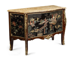 A French Chinoiserie lacquered and kingwood bombe commode with ormolu mounts and marble top, circa 1930s, 93cm high, 130cm wide, 58cm deep