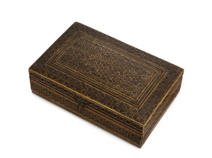 An inlaid Persian cigarette box with red satin interior; a gift from the Shah of Iran, 6.5cm high, 24.5cm wide, 16cm deep