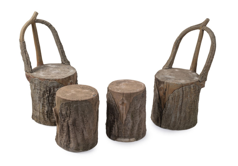 Set of four garden seats, sculptured concrete in the form of tree stumps, 20th century, ​the highest 87cm high