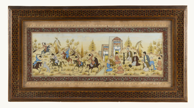 Paintings on ivory; one depicting a polo match, signed by the artist at lower right (13 x 24cm sight); and another, depicting a hunting scene on one side of a river, while philosophers sit in discussion on the other side of the river (12.5 x 38cm sight).