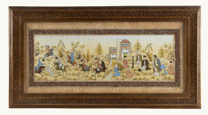 Paintings on ivory; one depicting a polo match, signed by the artist at lower right (13 x 24cm sight); and another, depicting a hunting scene on one side of a river, while philosophers sit in discussion on the other side of the river (12.5 x 38cm sight). Both in ornate, inlaid frames with hand-painted mounts. (2).