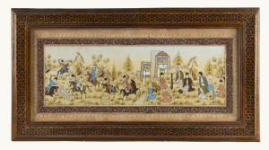 Paintings on ivory; one depicting a polo match, signed by the artist at lower right (13 x 24cm sight); and another, depicting a hunting scene on one side of a river, while philosophers sit in discussion on the other side of the river (12.5 x 38cm sight). 