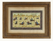 Paintings on ivory; one depicting a polo match, signed by the artist at lower right (13 x 24cm sight); and another, depicting a hunting scene on one side of a river, while philosophers sit in discussion on the other side of the river (12.5 x 38cm sight). - 2