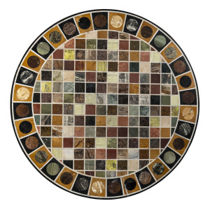 A fine Italian conservatory table, circular stone top inlaid with various stone specimens, resting on a wrought iron base, 20th century, 78cm high, 122cm diameter