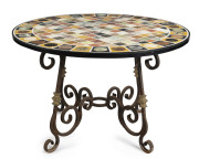 A fine Italian conservatory table, circular stone top inlaid with various stone specimens, resting on a wrought iron base, 20th century, ​78cm high, 122cm diameter - 2