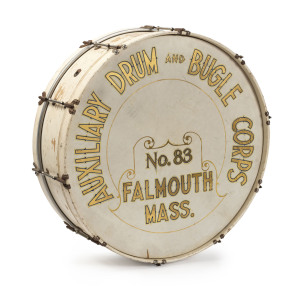 A marching band bass drum "Auxiliary Drum And Bugle Corps. No. 83 Fallmouth Mass.", early 20th century, with makers plaque "LEEDY, Spartan Model, Elkhart Ind. USA", 73cm diameter
