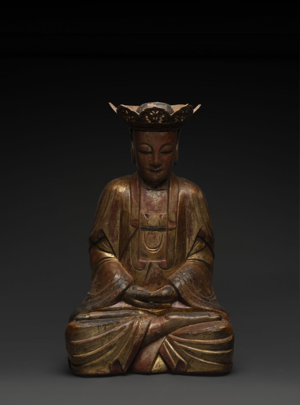 A Chinese lacquered wooden figure of Buddha seated in dhyanasana, Ming Dynasty, 15th/16th century, 73cm high, PROVENANCE: Sotheby's Dec Arts Sale 30th November, 2010, lot 1216