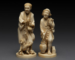 Two fine Japanese carved ivory figures, Meiji Period, 19th century, red seal marks to bases, 17cm and 18.5cm high. PROVENANCE: The Doherty Collection, Berridale, NSW, 1975