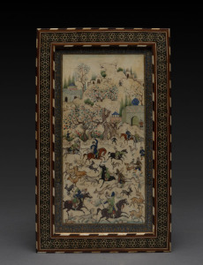 An Indian miniature painting on ivory of a hunt scene housed in a fine inlaid frame, signed "T. IMAMI", exhibited at The Art Gallery Of N.S.W. March 2nd to the 30th April in 1950. 10 x 20cm (frame 24 x 14cm)