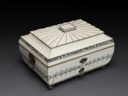 An Anglo-Indian vizagapatam ivory workbox of sarcophagus form, with gadrooned cover and bands of leaves, birds and figures, interior beautifully fitted with sandlewood and ivory compartments, early 19th century, ​19cm high, 31cm wide, 22cm deep - 3