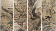 Four Chinese hanging scrolls: birds and flowering branches; all originals; early 20th century,