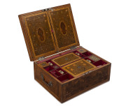 A George III ladies travelling dressing case workbox, satinwood, hare wood, blackthorn marquetry inlay, interior sumptuously adorned in matching marquetry with original silk lining. Remarkably, still containing original gilded silver thread barrels and fi - 2