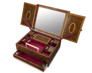 A George III ladies travelling dressing case workbox, satinwood, hare wood, blackthorn marquetry inlay, interior sumptuously adorned in matching marquetry with original silk lining. Remarkably, still containing original gilded silver thread barrels and fi - 3