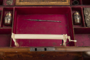 A George III ladies travelling dressing case workbox, satinwood, hare wood, blackthorn marquetry inlay, interior sumptuously adorned in matching marquetry with original silk lining. Remarkably, still containing original gilded silver thread barrels and fi - 4