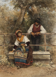 CLELIA BOMPIANI BATTAGLIA (Italian, 1847-1927), 'Lovers Tryst', watercolour, signed lower left "C. Bompiani Battaglia", 73cm x 53cm
