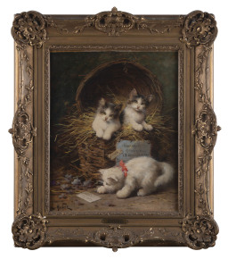 LEON CHARLES HUBER (French, 1858 - 1928), 'Kittens at Play', oil on canvas, signed lower left "L. Huber", 44cm x 36cm