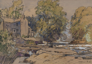 SAMUEL JOHN LAMORNA BIRCH (British, 1869 - 1955), "Old Cottages on the Kent Near Kendal", watercolour, gouache and caryon, signed lower right "S. J. Lamorna Birch", 18.5cm x 27cm