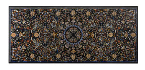 A stunning Italian petra-dura conservatory dinning table, black slate with inlaid specimen stone top on iron base, 20th century, please note very heavy, 77cm high, 273cm wide, 122cm deep