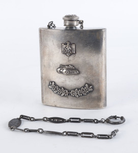 WORLD WAR ONE: German fob chain "I gave gold for iron" 1916 with "IN EISERNERZEIT 1916" and "Gold zur wehr - eisen zur ehr" ("Gold to the defence - iron to the honour") 31cm long; also, a WW2 era stainless steel whisky hip-flask embellished with a tank, oak leaves and the German eagle. (2 items).