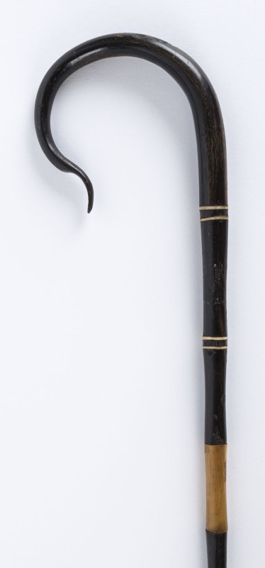 A shepherds crook walking cane, horn ivory and baleen with brass ferrule, 19th century, 