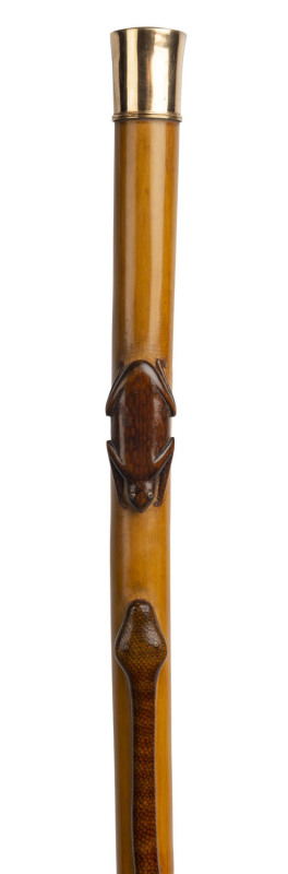 An impressive walking cane with gold cap engraved "J.S.N. of Lethane", with carved snake chasing a frog, housed in original fitted case, 19th century, 92cm high