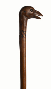 A fruitwood walking stick with carved birds head handle, 19th century, 93cm high