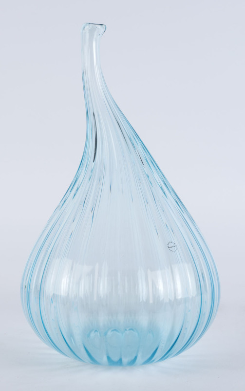 SALVIATI Murano blue pear shaped glass vase, Italian, etched "Salviati, 2002", with original box, 38cm high