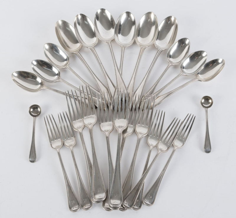 Twenty five pieces of Palatina pattern sterling silver flatware by George William Adams of London, circa 1871, ​1670 grams total