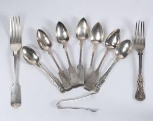 Set of six silver tea spoons, sterling silver sugar tongs, two forks and a jam spoon, 260 grams total