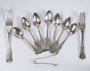 Set of six silver tea spoons, sterling silver sugar tongs, two forks and a jam spoon, ​260 grams total