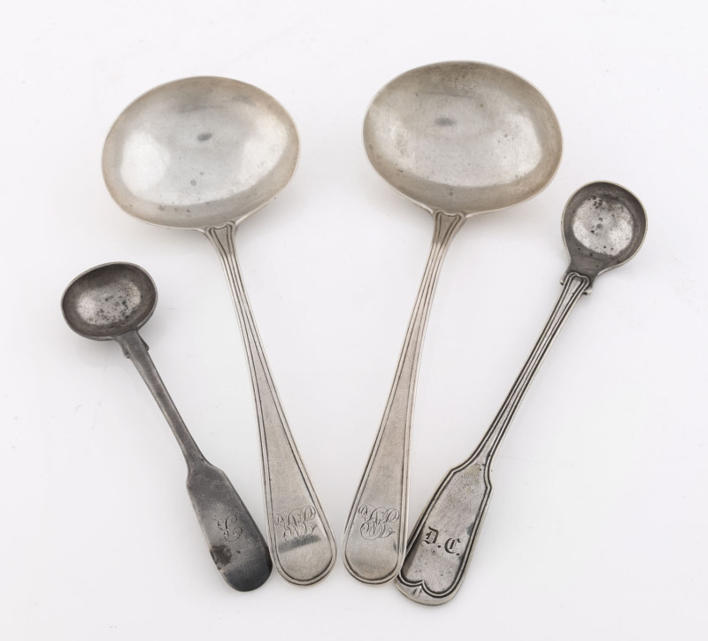 A pair of Georgian sterling silver ladles and two 19th century mustard spoons, 130 grams total