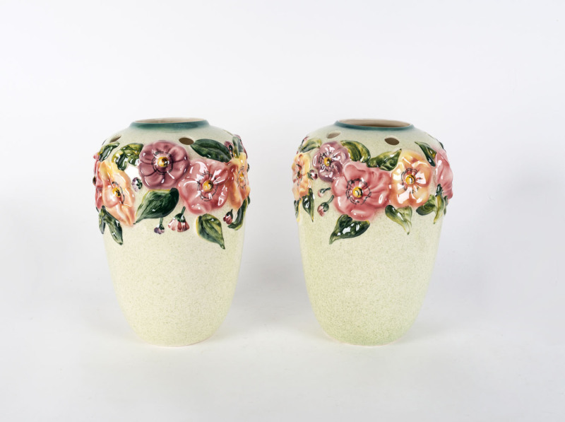 A pair of English floral porcelain mantle vases, mid 20th century, 29cm high