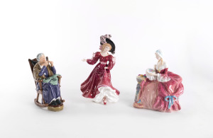 Three Royal Doulton figures, "Penelope" (HN1901), "A Stitch In Time" (HN2352), "Figure Of The Year, Patricia" (HN3365), the tallest 23cm