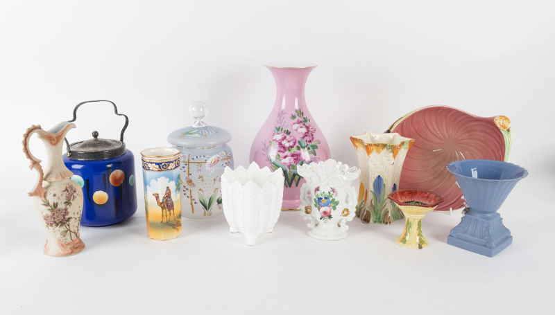 Biscuit barrels, vases, jug and dish, Carlton Ware, Wedgwood, Falcon Ware etc. (11 items), the tallest 30cm