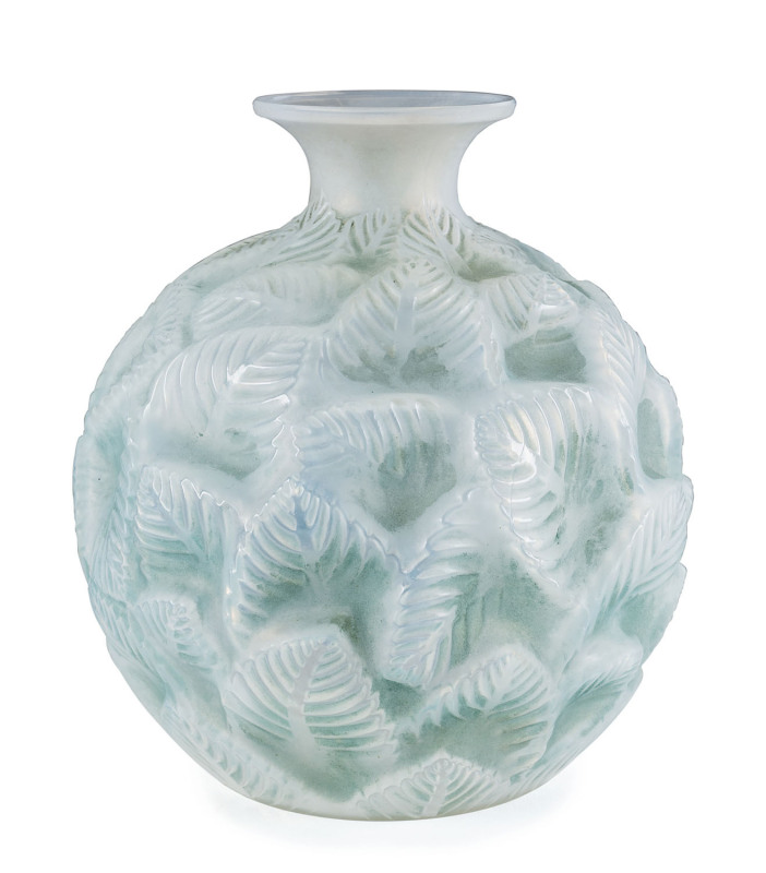 LALIQUE "Ormeaux" opalescent frosted glass vase, designed 1926, engraved and etched "R. LALIQUE, France", with additional foil label "Hardy Brothers Ltd. Australia", ​17cm high