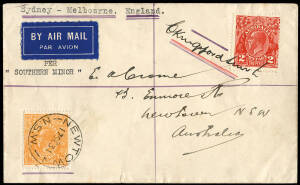 18 Sept.1931 (AAMC.215a) Sydney - Melbourne cover, flown and signed by Charles Kingsford Smith in the "Southern Cross Minor". This was the first leg of his Australia - England solo record attempt. [10 flown this leg]. Cat.$2500.&nbsp;