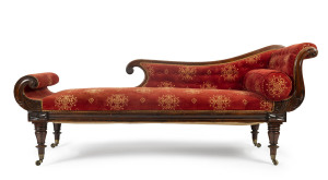 A fine Regency settee with scrolling high and low ends in the Greek Revival style, rosewood and mahogany, English, circa 1815, 85cm high, 215cm wide, 65cm deep