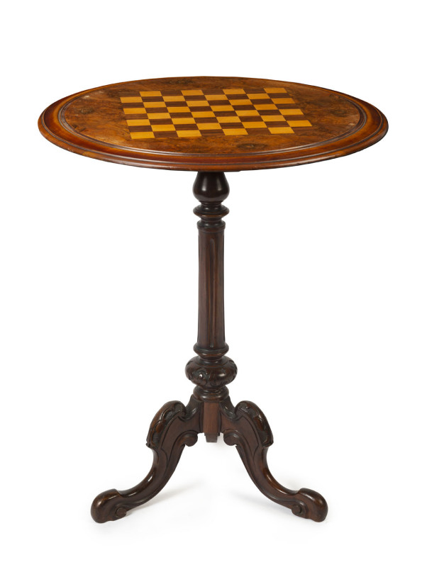 An English games top wine table, burr walnut, rosewood and pine, circa 1870, ​73cm high, 59cm diameter