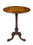 An English games top wine table, burr walnut, rosewood and pine, circa 1870, ​73cm high, 59cm diameter