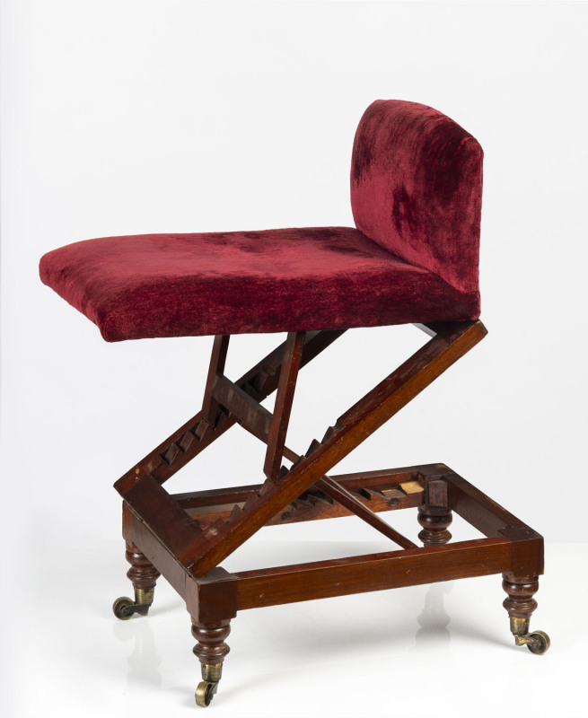 A gout stool, walnut and velvet upholstery, 19th century, 37cm high, 43cm wide, 30cm deep