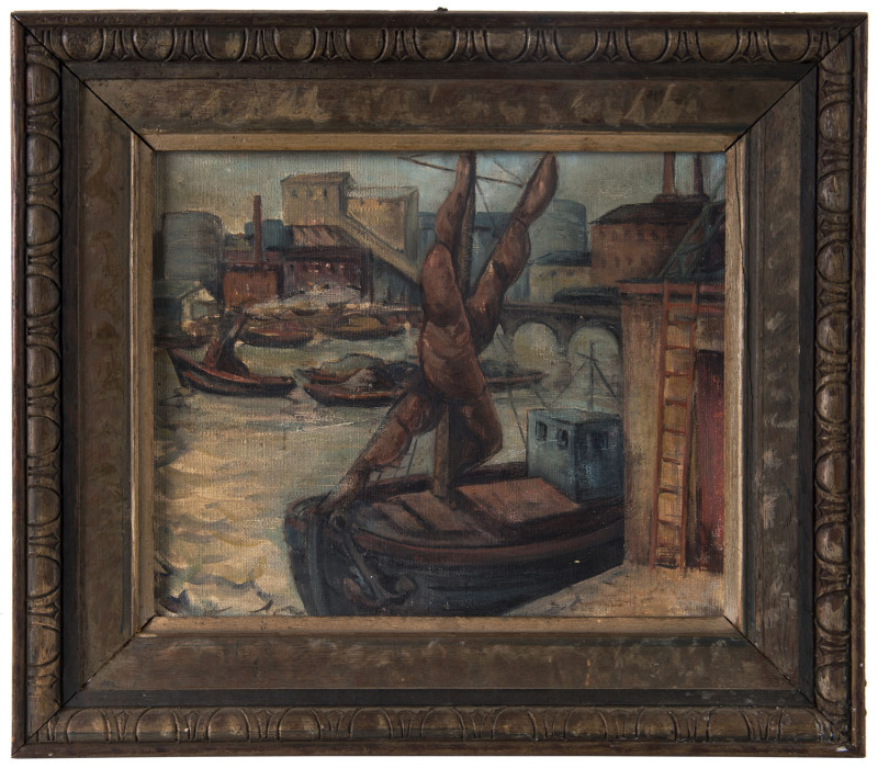 JUDITH KINSELLA, Port Scene, oil on canvas board, signed in pencil verso, ​25cm x 30cm
