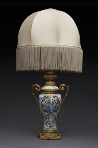 A Chinese Canton ware porcelain lamp with French Ormelau mounts and fittings, 19th century (later shade), 81cm high