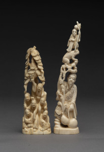 Two Chinese carved marine ivory figure groups, early to mid 20th century, 21cm and 16cm high