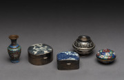 Cloisonn&eacute; miniature vase and pill box, two silver boxes with Ming porcelian fragment lids and a sterling silver trinket box, Chinese and Continental, the vase 7.5cm high