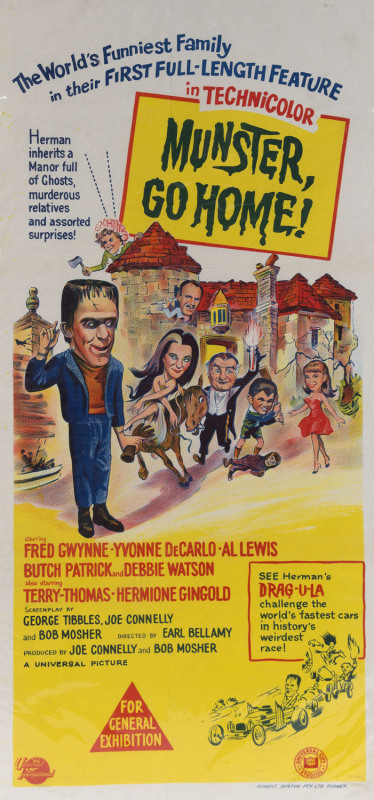 MOVIE POSTER MUNSTER GO HOME! original 1970 colour lithograph by Robert Burton Pty Ltd Sydney "Herman inherits a Manor full of Ghosts, murderous relatives and assorted surprises!" 76 x 34cm