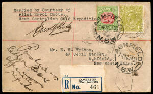 Oct.1932-Jan.1933 (AAMC.292) Lasseter's Reef Expedition registered cover flown and signed by the pilot, Errol Coote on the "West Centralian Gold Expedition" aircraft. [One of 6 covers posted at Laverton, W.A.] Cat.from $650.