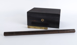 An English coromandel writing box, rosewood rolling rule and a pocket brass telescope, 19th century, the rule 54cm long