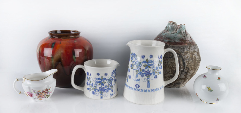 Two Lotte Norwegian porcelain jugs, Ryal Crown Derby jug, Royal Vienna porcelain jug and two mid 20th century vases, ​the tallest 22cm high